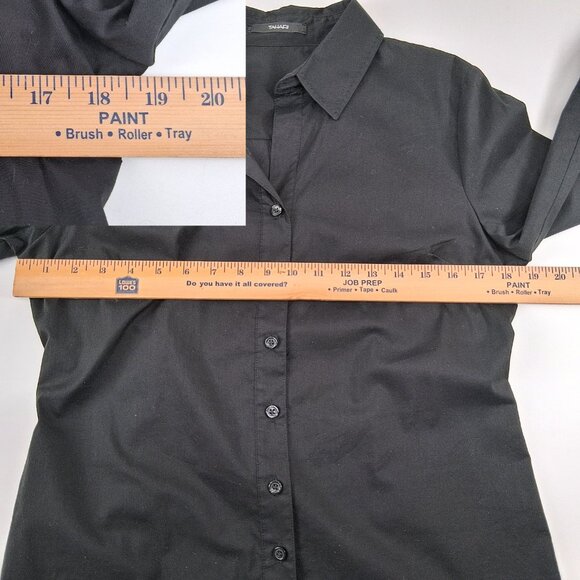 Tahari Black Button Front Shirt French Cuffs Pick Stitch Tailored Stretch SZ M - Picture 8 of 13